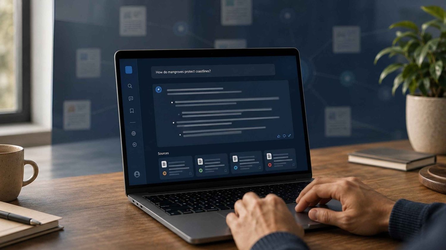 Person using a laptop displaying an AI search response with cited source cards.