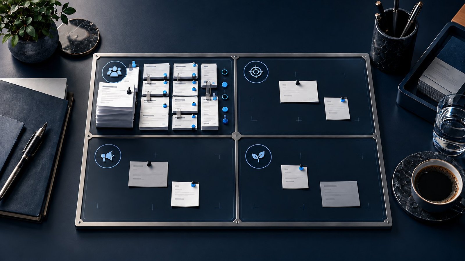 Four-quadrant business board with most documents concentrated in one section and only a few notes in the other three.