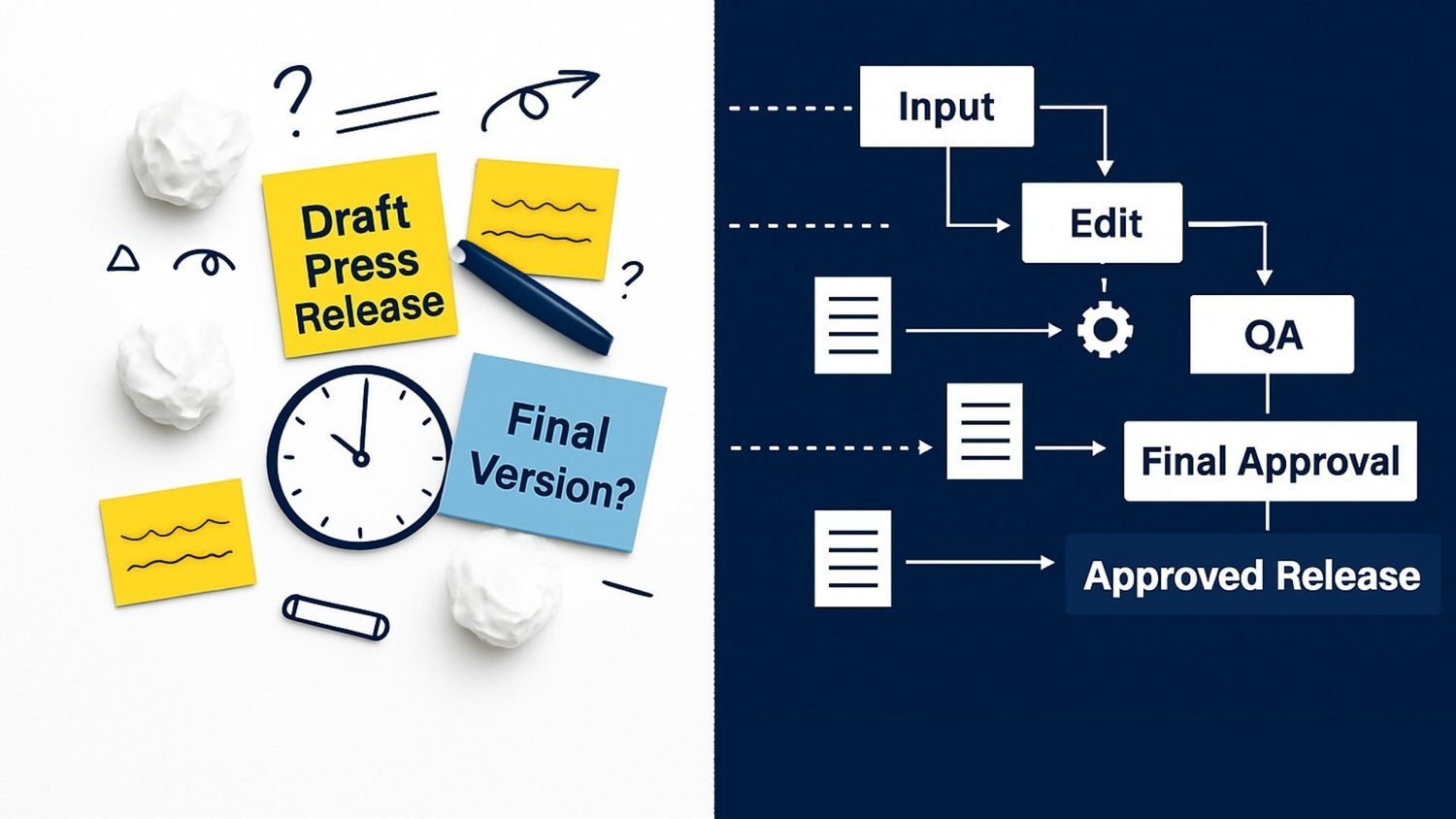 Split-screen graphic comparing scattered drafting notes and a clock with a structured input, edit, QA and final approval workflow.