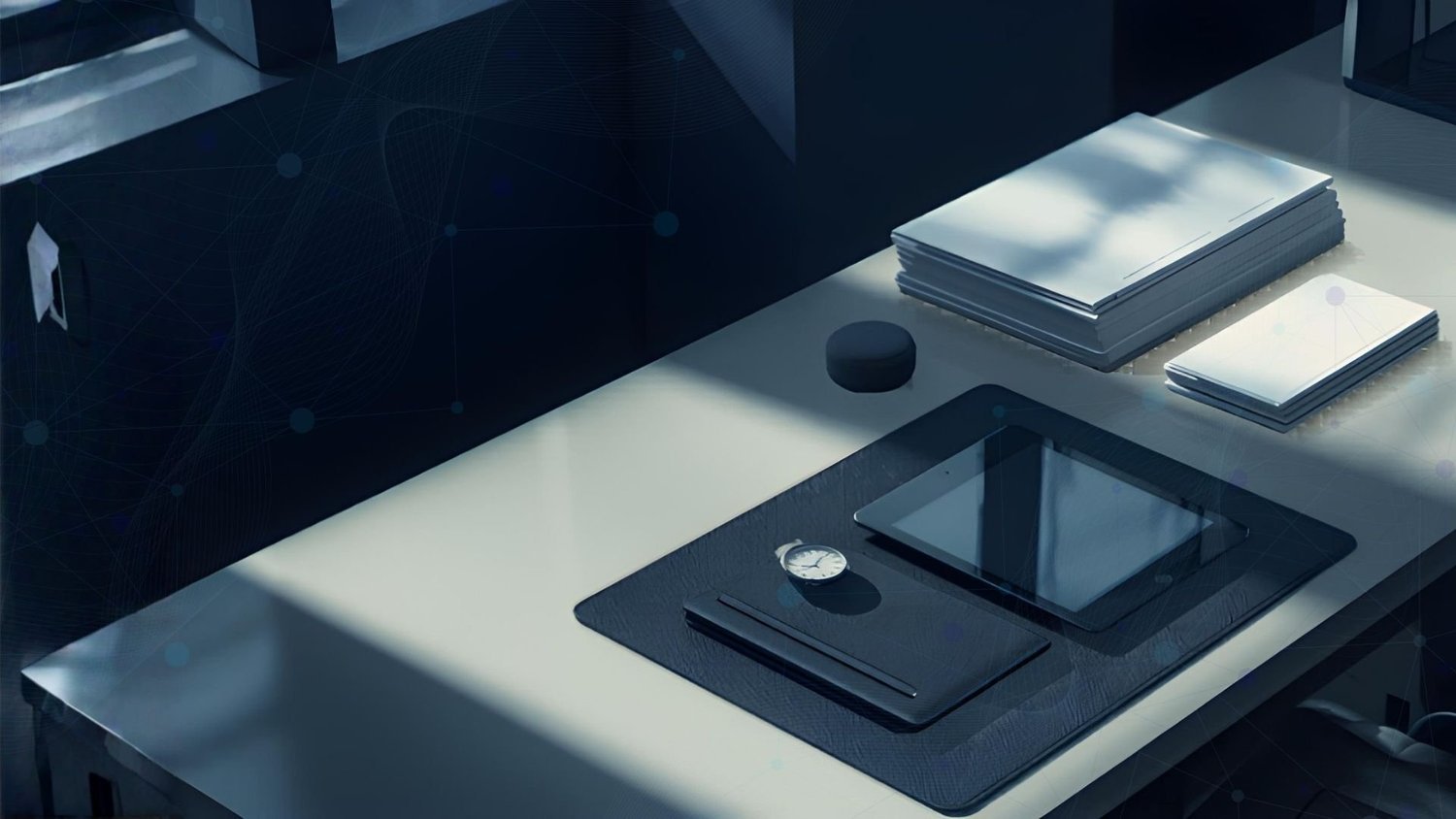 Desk with documents and work devices, representing PR agency capacity gained through a structured workflow