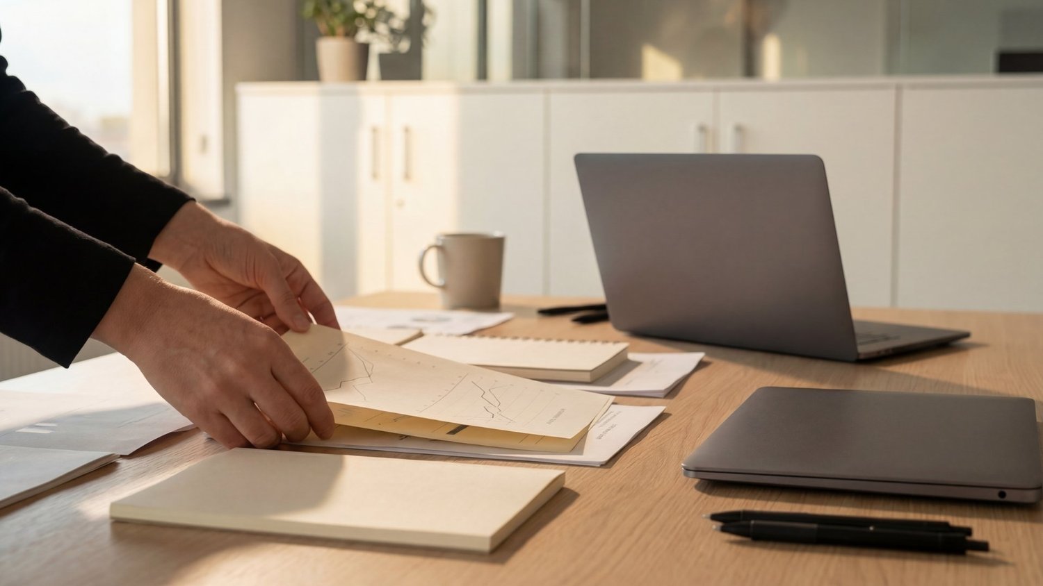 Hero image alt text Professional arranging proposal documents beside a laptop and tablet on an office table.