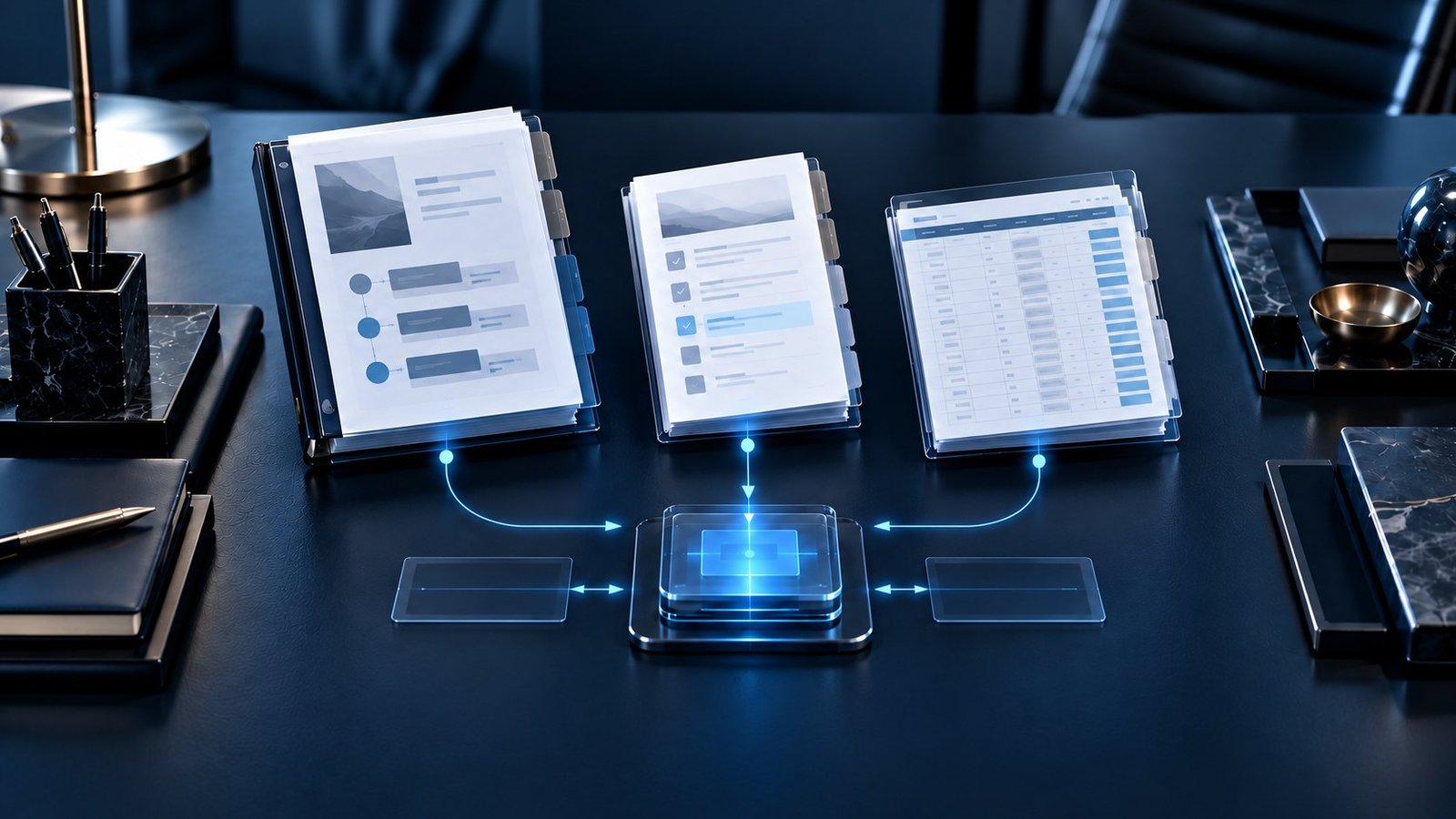 Three stacks of business documents connected by glowing lines to a central digital workflow hub.