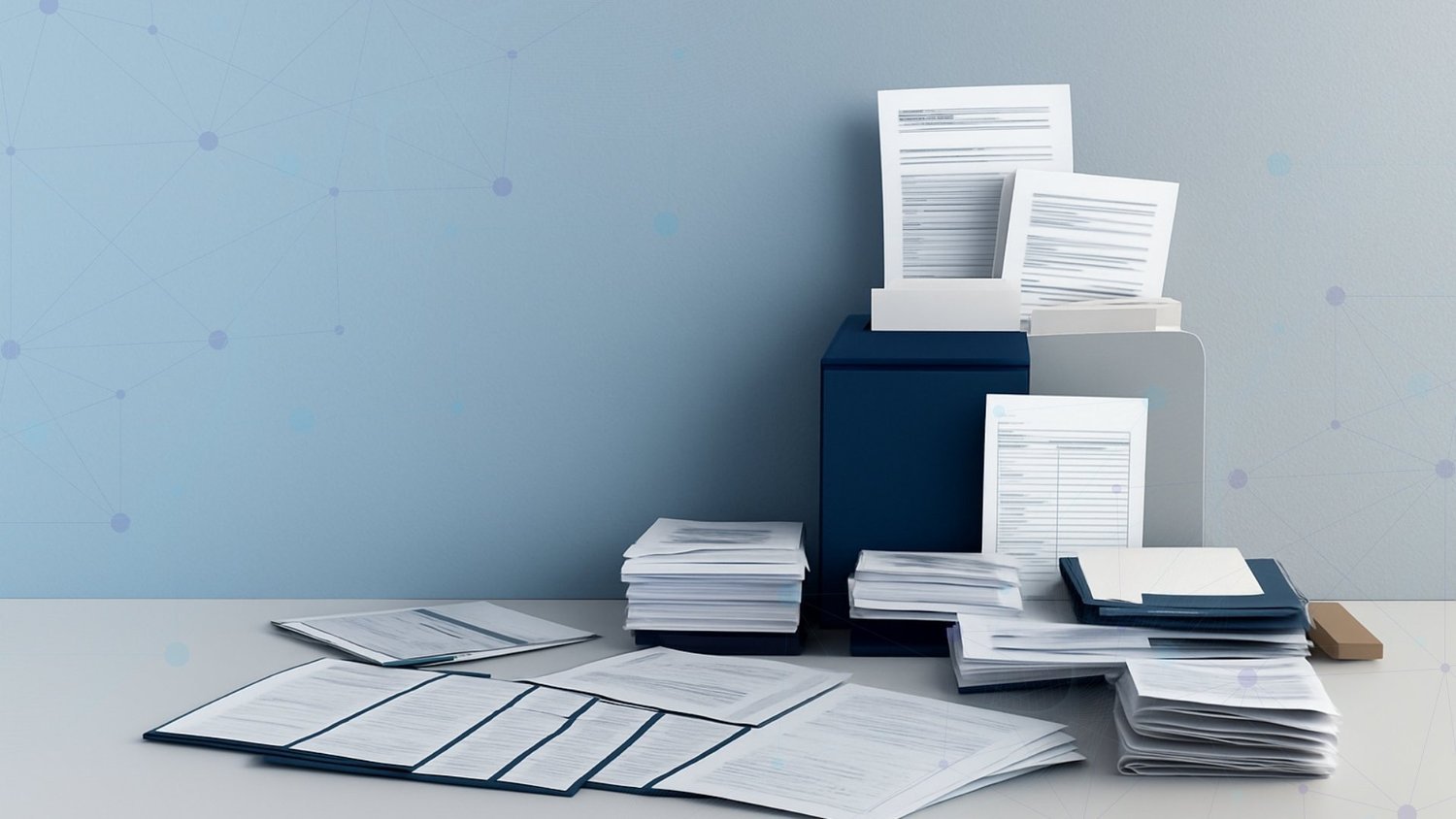 Stacks of documents, folders and paper files arranged around an office file organiser.