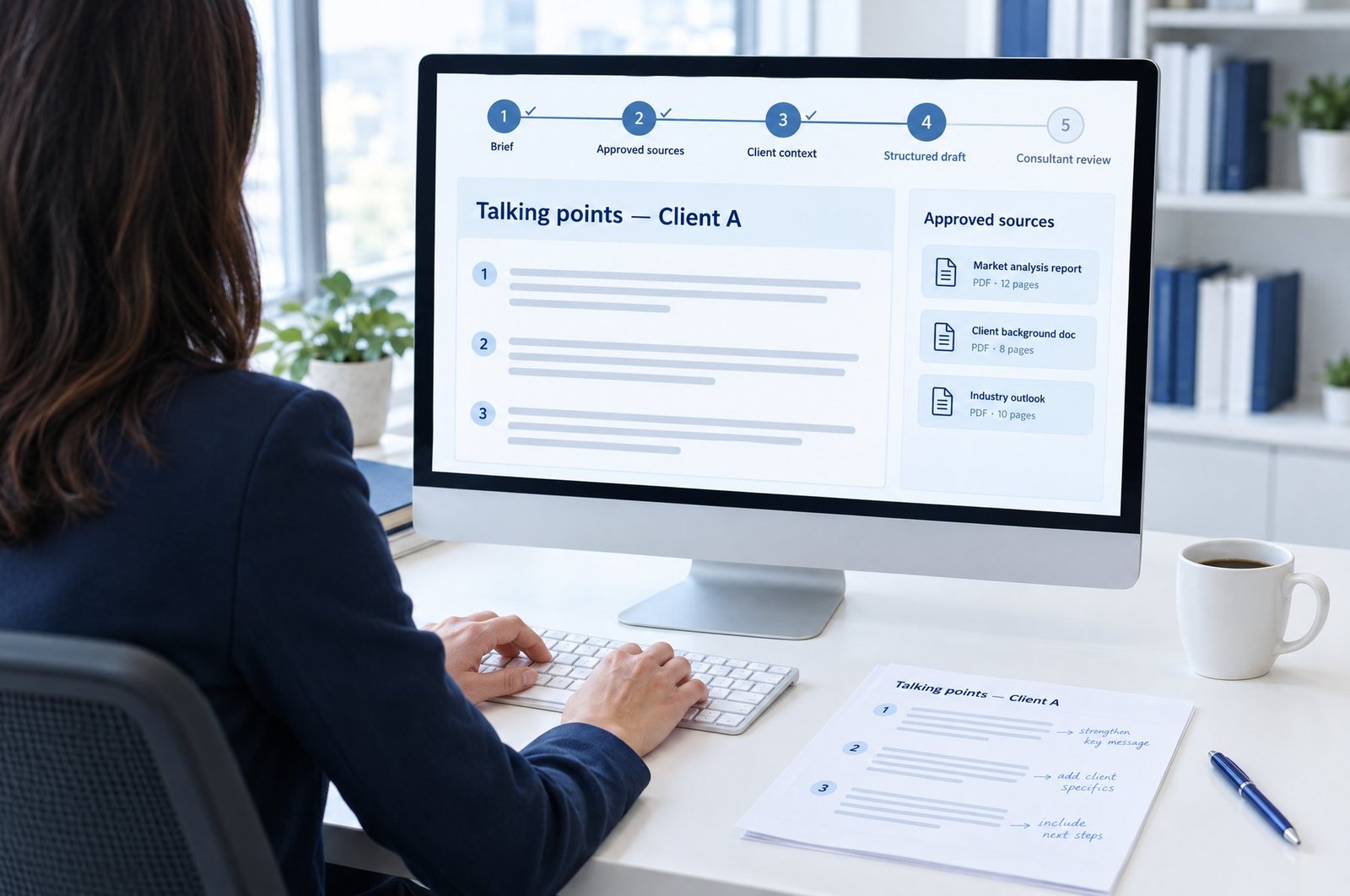 A consultant typing in a guided talking-points workflow at the structured draft step, with approved sources listed beside the draft and an annotated printout on the desk