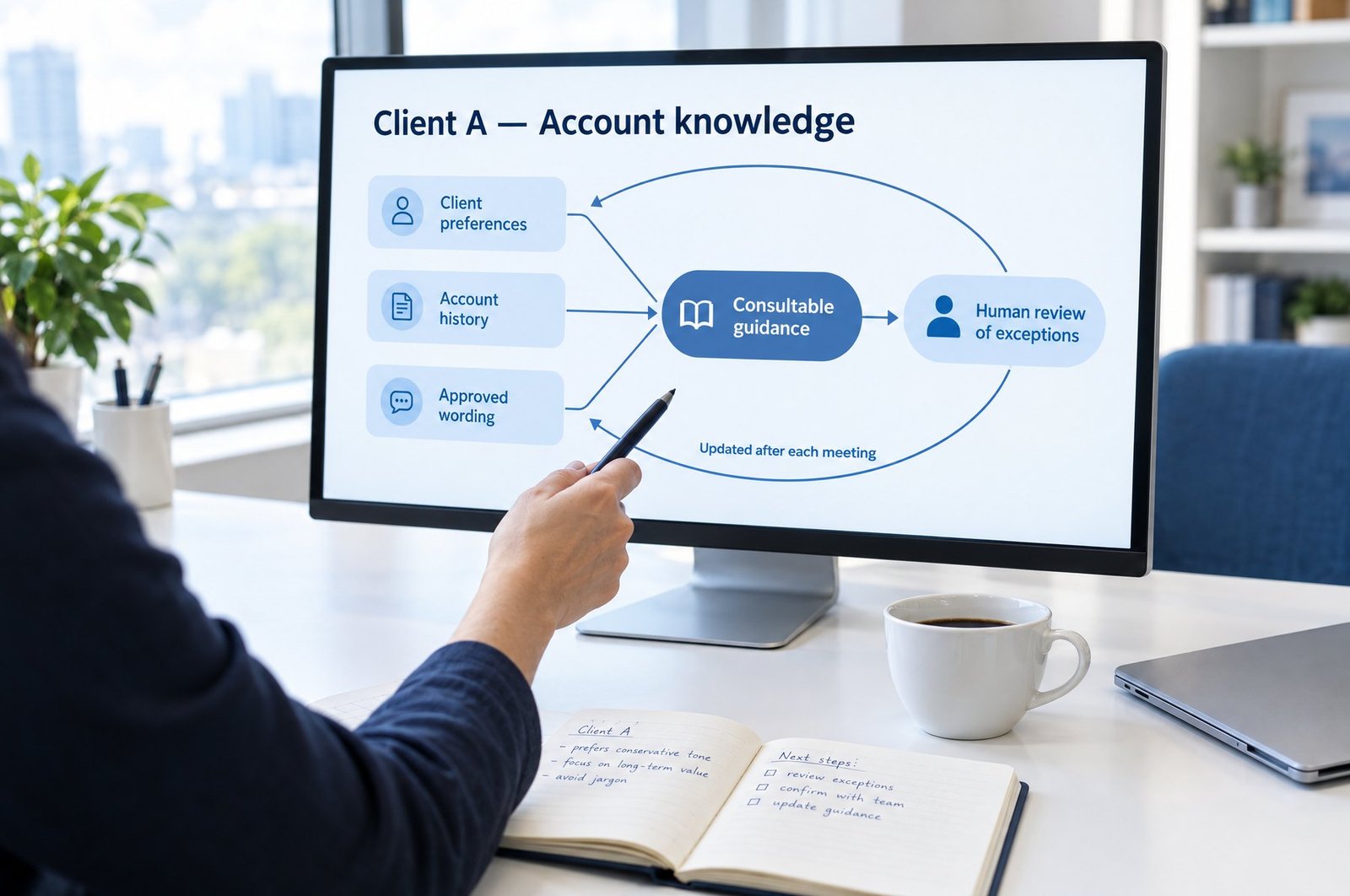 A consultant points at a screen mapping Client A's account knowledge: client preferences, account history and approved wording feed consultable guidance, with human review of exceptions and an update after each meeting